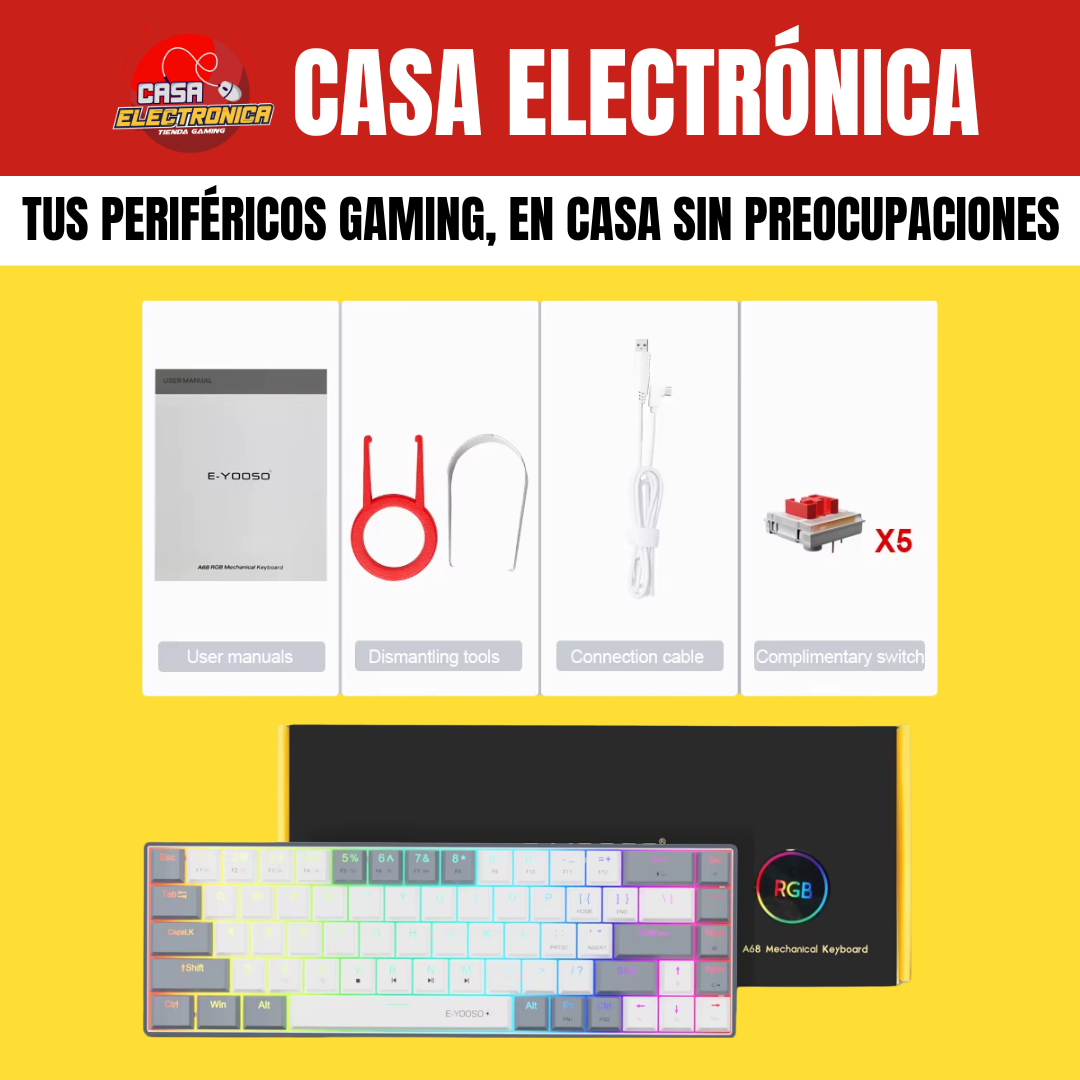 Teclado Mecánico EYooso A68 65% Ultra Rápido Perfil Bajo RGB