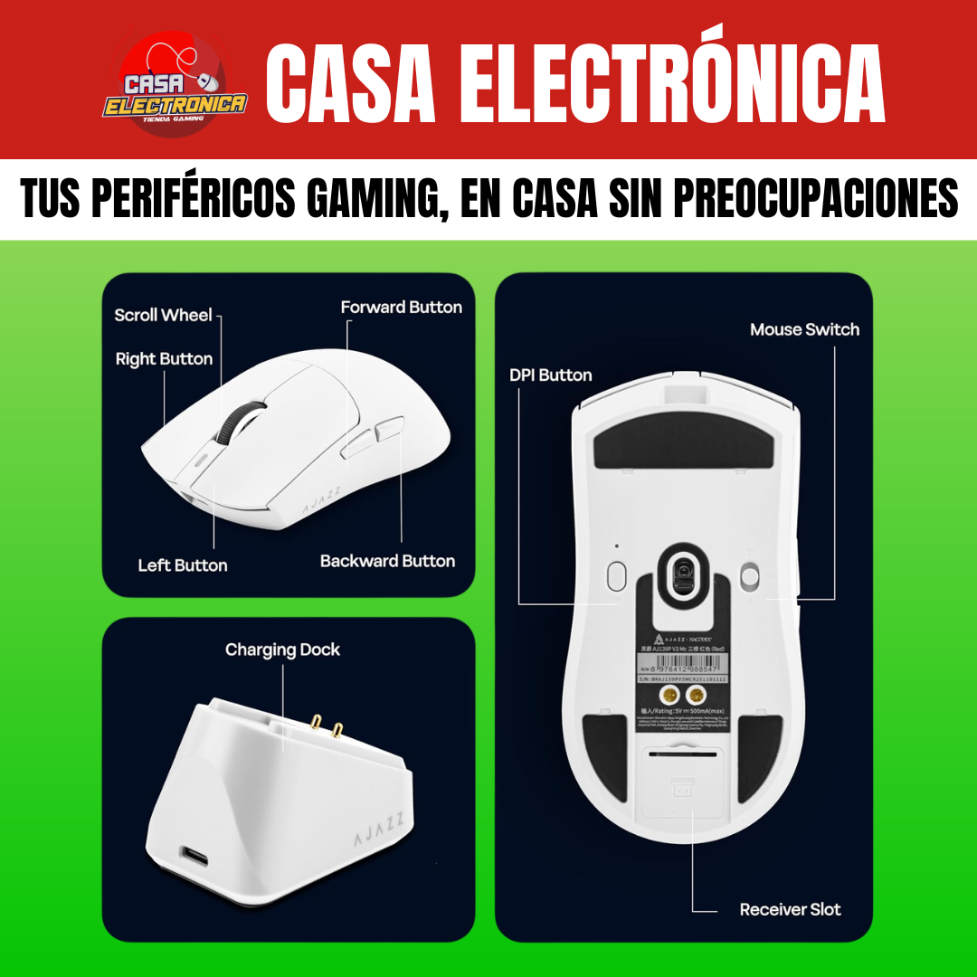 Mouse Inalámbrico Ajazz AJ139P V3 MAX Trimodo Base de Carga RGB Competitivo