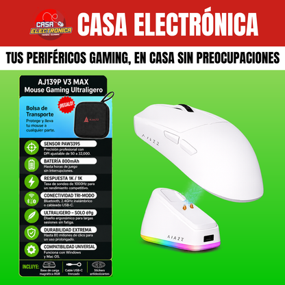 Mouse Inalámbrico Ajazz AJ139P V3 MAX Trimodo Base de Carga RGB Competitivo