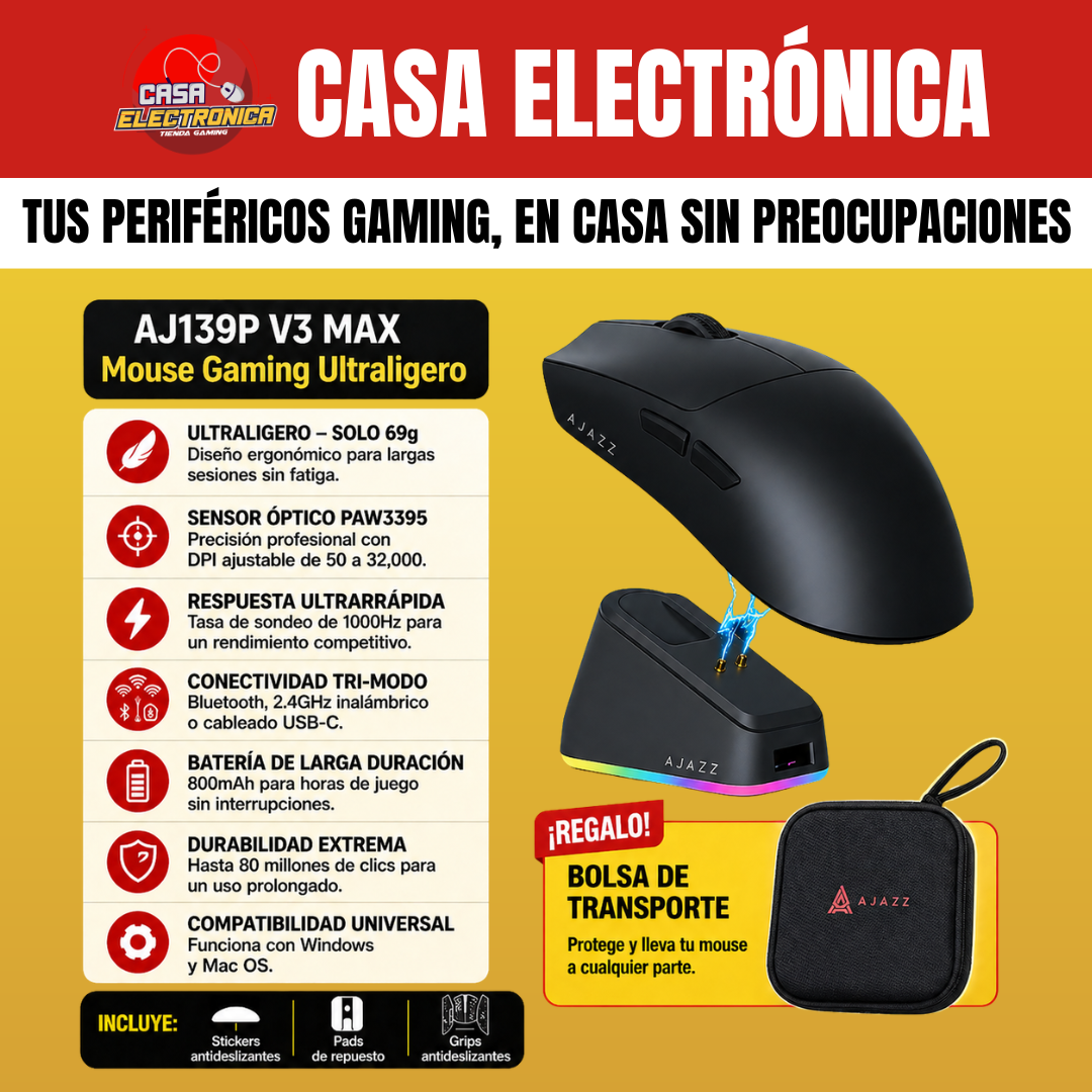 Mouse Inalámbrico Ajazz AJ139P V3 MAX Trimodo Base de Carga RGB Competitivo