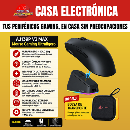 Mouse Inalámbrico Ajazz AJ139P V3 MAX Trimodo Base de Carga RGB Competitivo