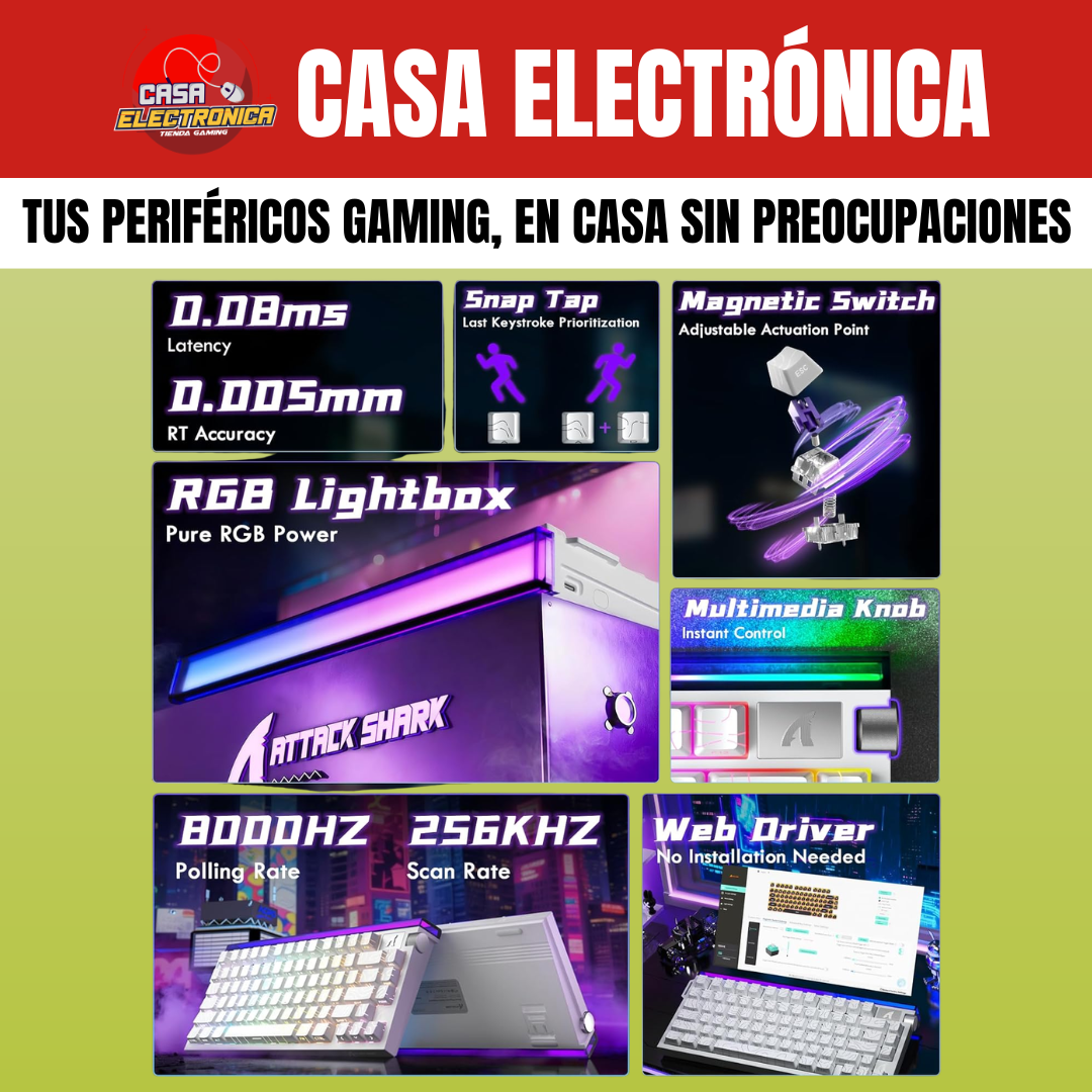 Teclado Magnético Attack Shark R85 He 75% 8K Polling Rate Competitivo RGB Precisión 0,05 mm