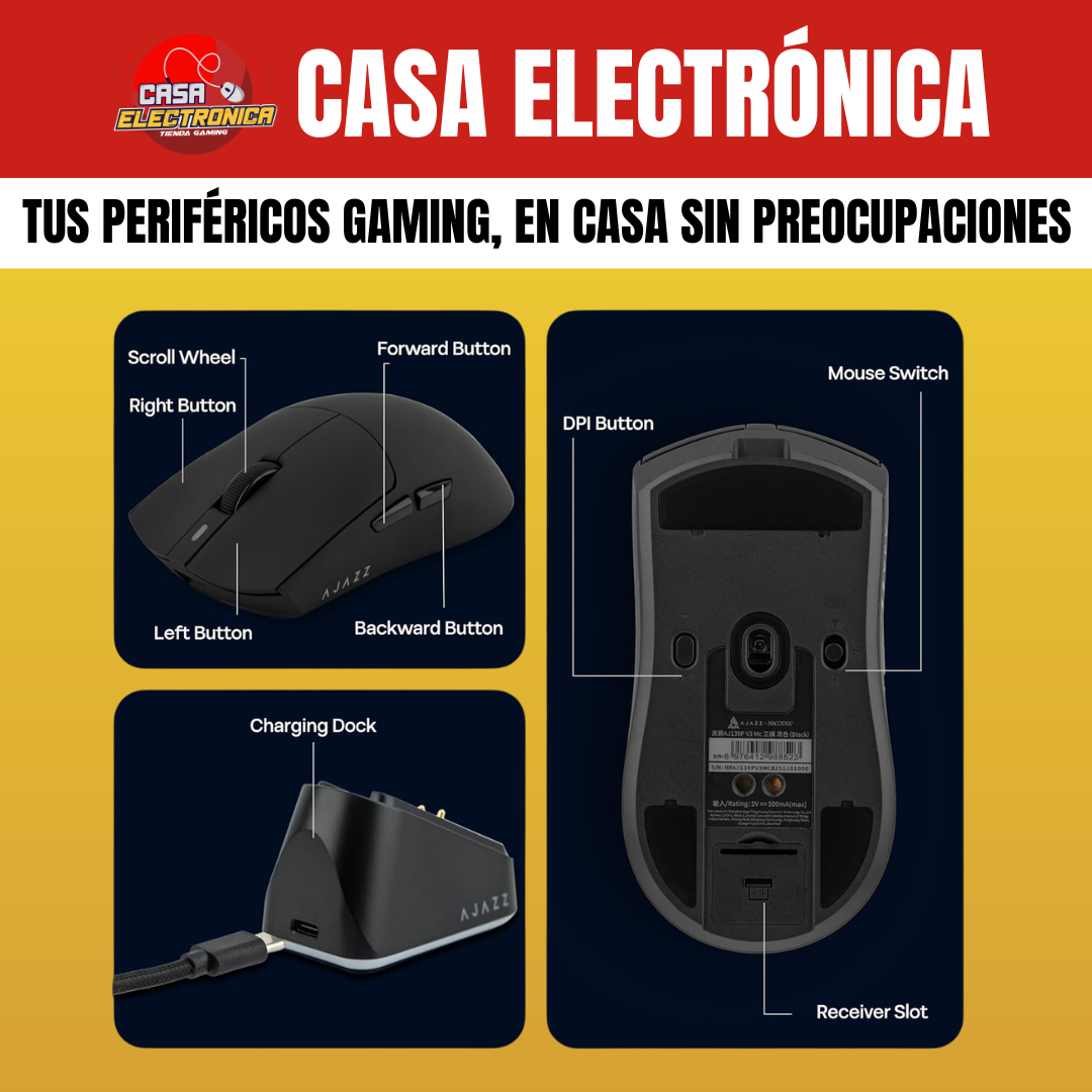 Mouse Inalámbrico Ajazz AJ139P V3 MAX Trimodo Base de Carga RGB Competitivo