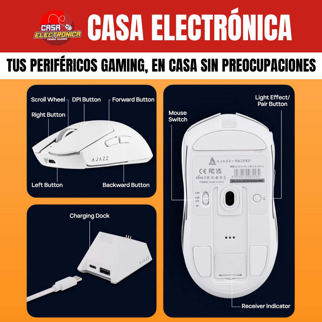 Mouse Inalámbrico Ajazz AJ139 V2 MC Trimodo Base de Carga