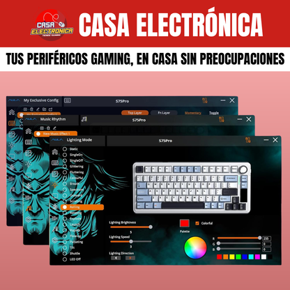 Teclado Inalámbrico Mecánico Aula S75 PRO RGB 75% Sonido Cremoso con Pantalla
