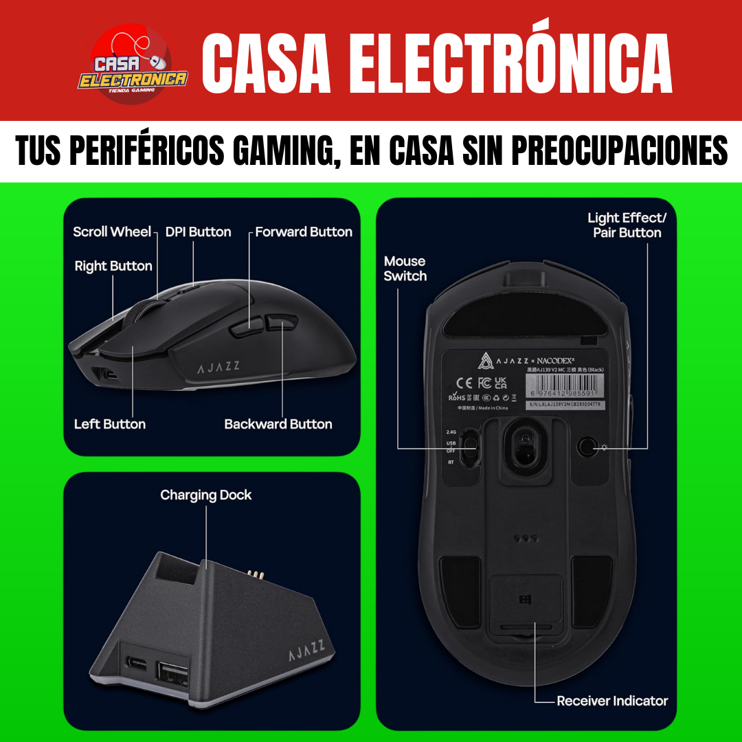 Mouse Inalámbrico Ajazz AJ139 V2 MC Trimodo Base de Carga