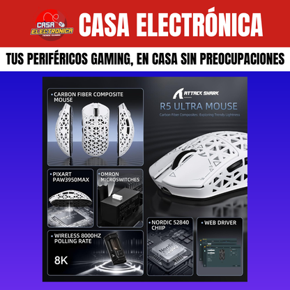 Mouse Inalámbrico Attack Shark R5 Ultra 8K Competitivo PAW3950 Max 39Gr  MCU Nordic 52840