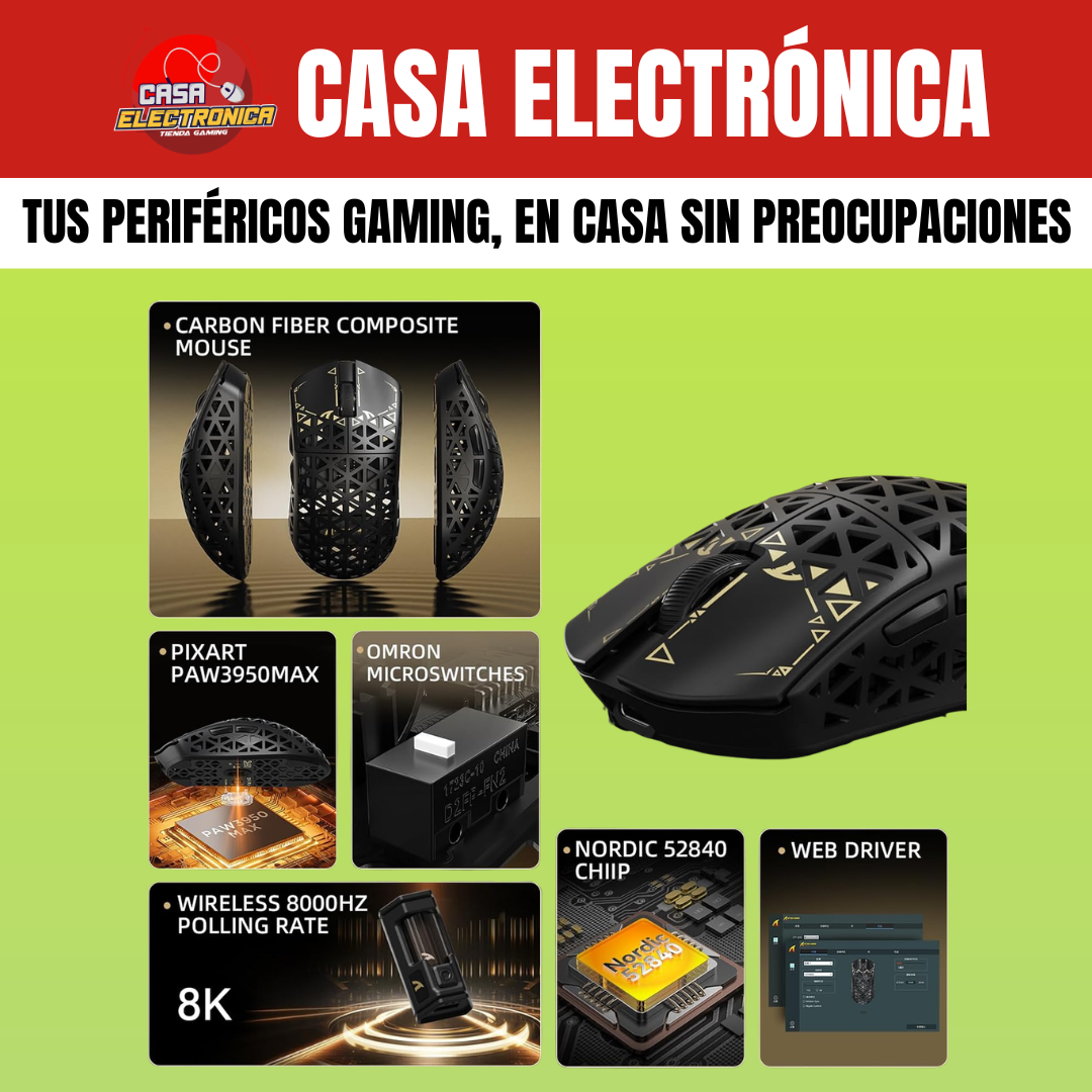 Mouse Inalámbrico Attack Shark R5 Ultra 8K Competitivo PAW3950 Max 39Gr  MCU Nordic 52840