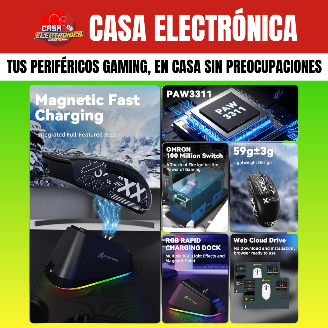 Mouse Inalámbrico Attack Shark G3 PRO Trimodo con Base de Carga