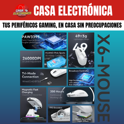 Mouse Inalámbrico Attack Shark X6 Competitivo con Base de Carga 26K RGB